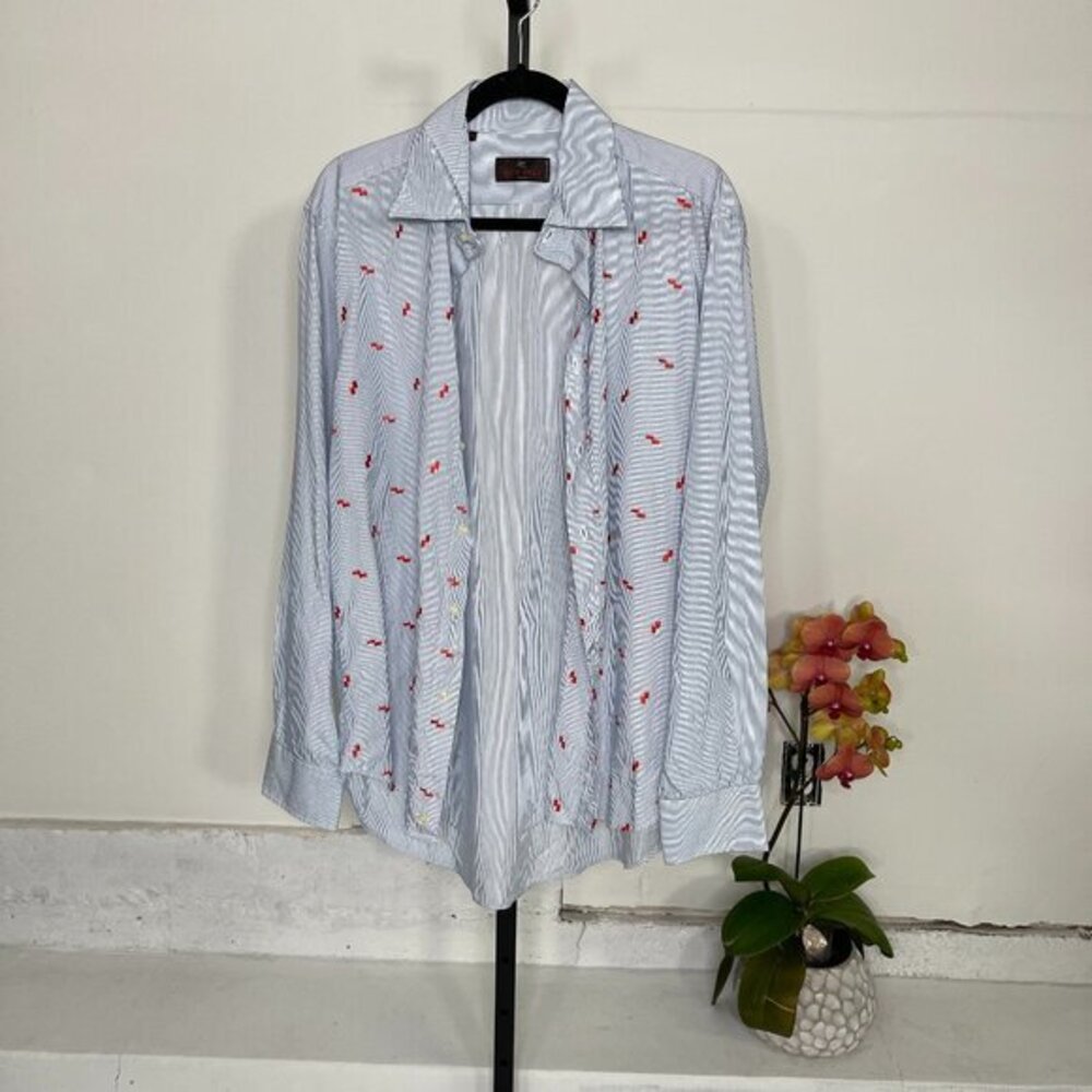 Etro Milano Men’s Blue/White Striped Embroidery Design Button Up Shirt Size XL